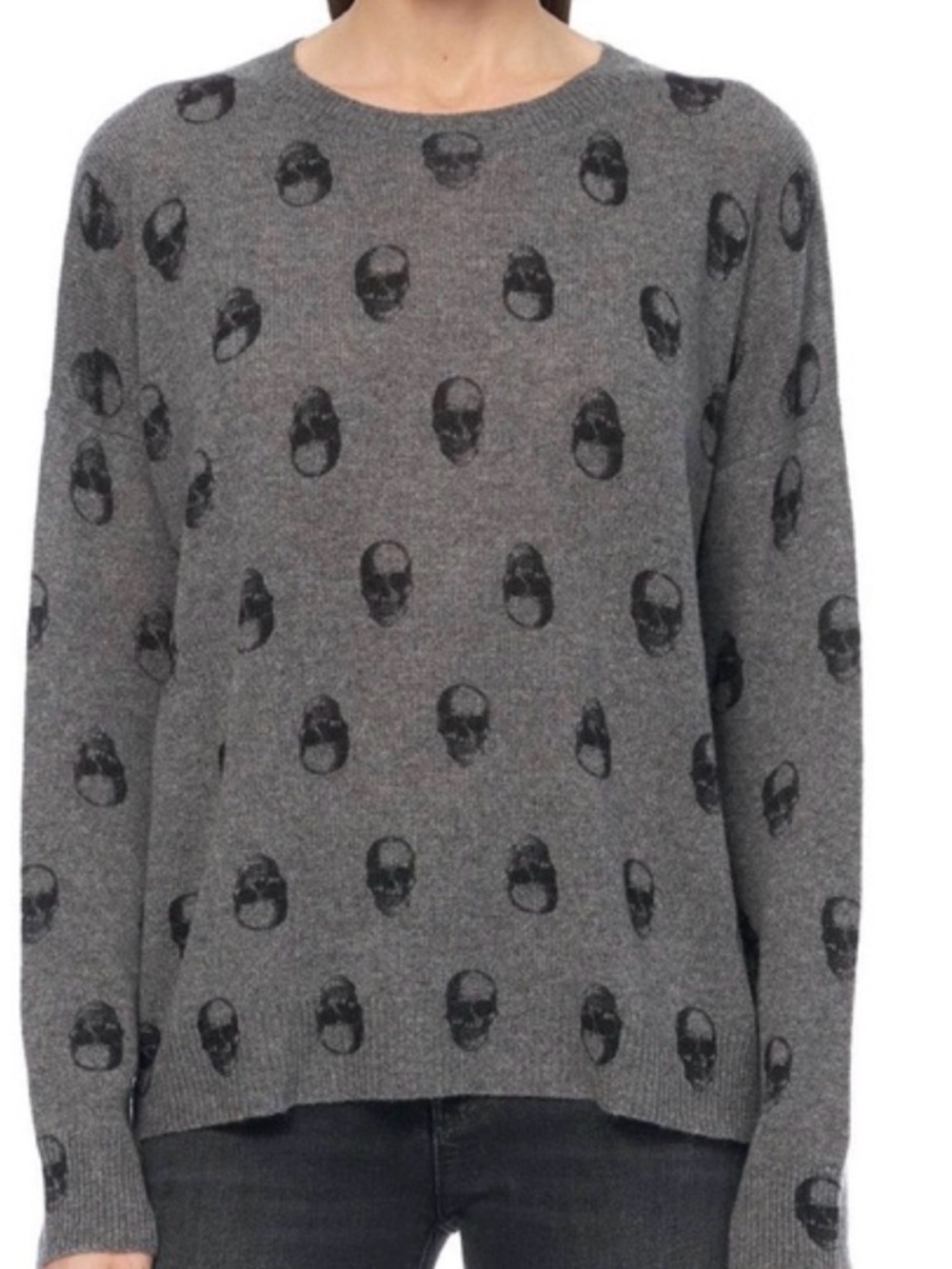 Skull Cashmere Gray Crewneck with Black Skull Print